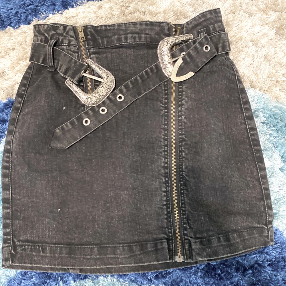Acid Wash Denim Belted Skirt